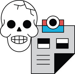 A skull is on a white background with a camera and a piece of paper