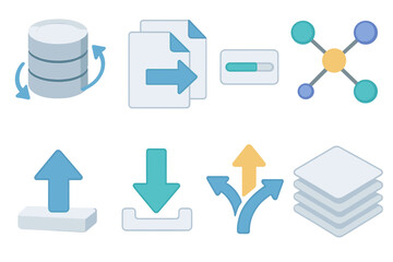 Modern Data Sync Icons. Data sync flat icons: database, file transfer, progress bar, connected nodes, upload arrow, download arrow, split arrows, stacked documents.