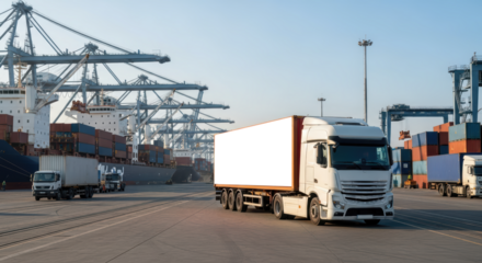 White Truck Driving Through Industrial Shipping Port with Large Cranes and Cargo Ships Background 