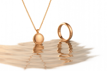 Gold jewelry set reflected in liquid surface