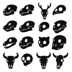 Animal Skulls Silhouettes. Animal skulls icons in silhouette. Bear skull, wolf skull, deer skull, bird skull, fox skull, horse skull, rabbit skull, cat skull