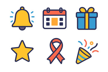 Vibrant Event Icons. Event Reminder flat icons: Bell, Calendar, Gift Box, Ribbon, Star, Confetti.,