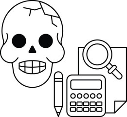 A skull is drawn with a pencil and a calculator