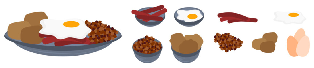 Vector cartoonish isolated meat food dishes with bowls of ingredients including Chicken, egg, sausages, spices, and potatoes 