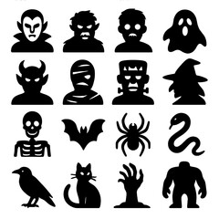 Silhouette Monster Icons. Horror creatures and monsters icons in silhouette. Vampire, werewolf, zombie, ghost, demon, mummy, Frankenstein, witch