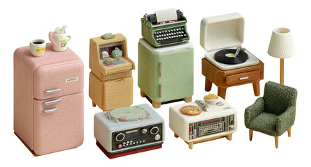 Vintage Miniature Kitchen Appliances and Furniture with Pastel Colors on Transparent Background