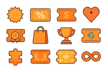 Isometric Coupon Icons. Symbolic coupons flat icons: starburst, percentage sign, dollar symbol, heart tag, ribbon, gift bag, trophy, abstract swirl, puzzle piece, laurel wreath,
