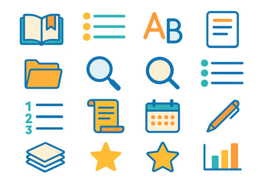 Modern Icon Assortment. Index flat icons: open book, bookmark, list, alphabet letters, document, folder, magnifying glass, search icon, bullet points, numbered list, scroll,