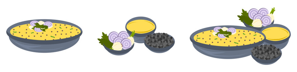 Vector cartoonish isolated soup and gravy dishes with bowls of ingredients including onion, garlic, pepper, and mint leaves 