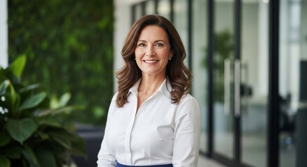 Confident Smiling Businesswoman in Office Setting - Professional Portrait of Mature Woman with Stylish Hair and White Shirt Looking at Camera with a Warm Smile