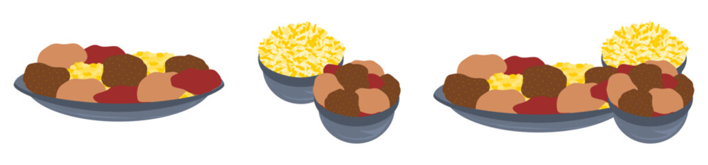 Vector cartoonish isolated food dishes with Indian cuisine with bowls of ingredients 