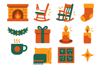 Cozy Christmas Icons. Christmas Comfort flat icons: fireplace, rocking chair, cocoa mug, candle flame, pine garland, gift box, stocking, soft pillow, blanket, warmth lines, snow