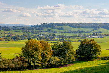 Autumn landscape, Terrain hilly countryside in Zuid-Limburg with small houses hidden on hillside, farmland and forest, Epen is a village in southern part of the Dutch province of Limburg, Netherlands.