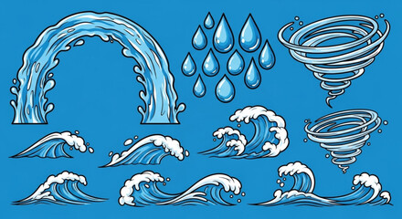 Obraz premium Cartoon Water Splash Set – Colorful Drops, Waves & Whirls Vector Collection