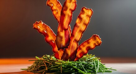 Crispy Bacon Strips Rising from a Bed of Fresh Chives - A Delicious and Appetizing Food Still Life for Culinary Concepts and Breakfast Themes