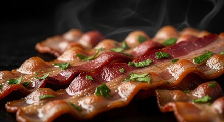 Crispy Bacon Strips with Fresh Parsley on a Dark Background - Close-Up of Deliciously Cooked Breakfast Food for Advertising and Culinary Use