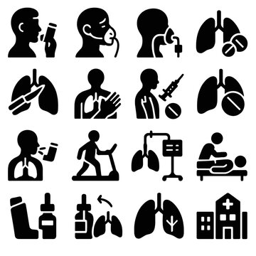 Lung Health Icons. Lung treatment and therapies icons in silhouette. Inhaler use, oxygen therapy, nebulizer treatment, medication pills, lung surgery