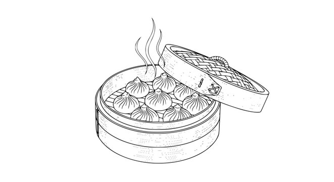 Vector line art of Chinese dumplings in a bamboo steamer, black and white minimalist design