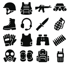Tactical Gear Silhouettes. Modern Warriors icons in silhouette. Combat helmet, tactical vest, assault rifle, night vision goggles, combat boots