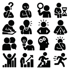 Mindset and Emotions Icons. Data statistics emotions and mindset icons in silhouette. Curiosity, skepticism, precision, patience, diligence