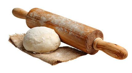 Rustic wooden rolling pin with ball of dough on textured surface