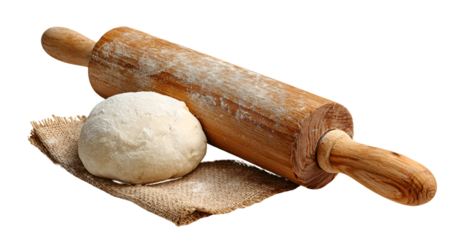 Rustic wooden rolling pin with ball of dough on textured surface