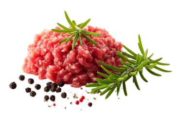 Fresh raw ground beef with rosemary and peppercorns on black background