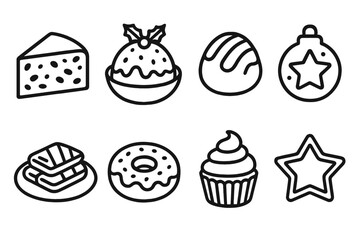Festive Dessert Icons. Winter Indulgence — Festive desserts outline set: fruitcake slice, pudding bowl, chocolate truffle, sugar cookie, pastry plate, glazed donut, cupcake, star