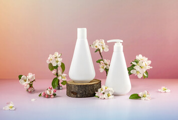 Two white cosmetic bottles surrounded by blooming apple twigs on a pastel background are stylized to represent natural skin care products.
