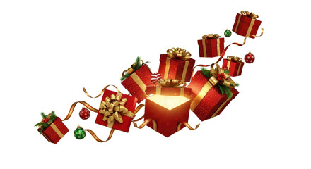 Christmas Gifts Exploding With Golden Light Festive Red Boxes Gold Ribbons Isolated on a Transparent Background