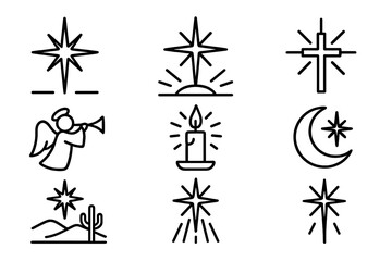 Christmas Icon Set. Christmas Star Symbolism outline set: bright starburst, horizon glow, cross symbol, angel trumpet, candle, moon, desert landscape, shining rays., , High