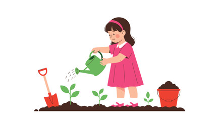 Young girl watering plants in garden with shovel and soil bucket.