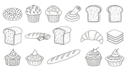 Hand-drawn bakery collection fresh breads, pastries, muffins, and sweet treats for food graphic designs