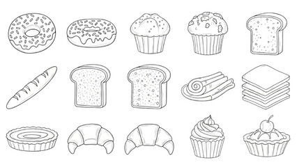 Outline icons of baked goods, including bread, pastries, and cakes in a simple doodle style