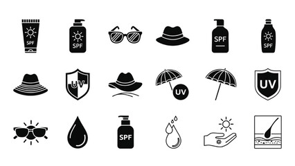 Summer Protection Sunscreen, Hats, and UV Ray Defense Icons for Skincare