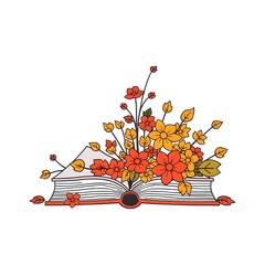 open book with autumn flowers and leaves watercolor illustration