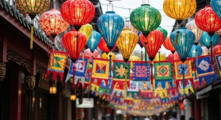 Fototapeta premium Colorful lanterns and banners adorn vibrant street in traditional cultural celebration