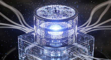 Futuristic glowing data core with intricate circuits and connecting cables in a dark abstract digital space.