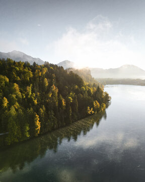 Aerial view of golden light illuminating the forests meeting the still waters of a lake against a mountainous backdrop, Bled, Slovenia.