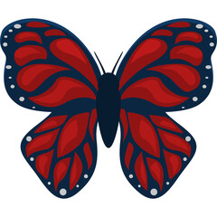 Close up of a pixel art butterfly with dark blue and red wings detailed with white spots against a transparent background.