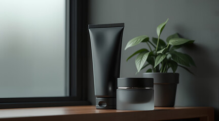 A hyper-realistic image designed for versatile men's skincare branding. Features unbranded a matte black tube and frosted jar on a dark oak shelf.