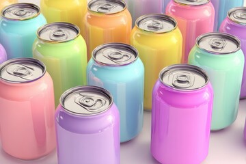 Colorful aluminum cans of soda background. Top view, macro. Recycle metal can with drops. Beer, carbonated water, cola, energy drinks cans. Recycling concept. Closeup view of many pastel beverage cans
