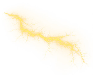 Yellow lightning bolt flashes through storm clouds with electric energy arcs. Realistic sparks illuminate the scene with dynamic power. PNG