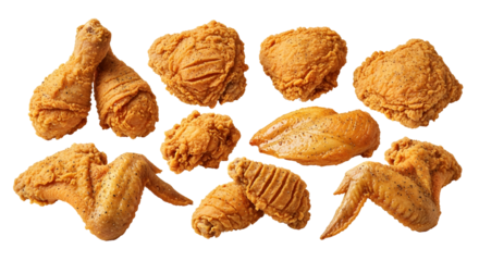 Delicious golden-brown crispy fried chicken assortment, a tempting collection of savory pieces