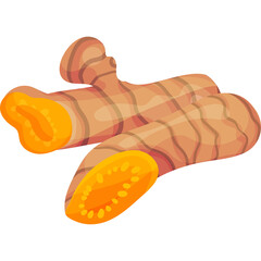 Close Up Of A Ginger Root With Vibrant Orange Interior Showing Texture And Fibers On A White Background With Subtle Shadows