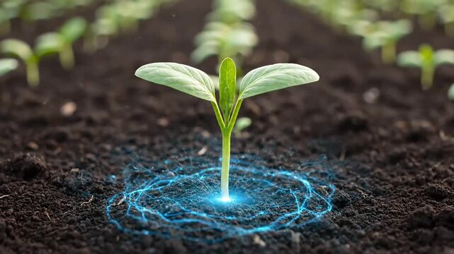 Dynamic young plant glowing with energy, promising agricultural innovation and sustainable future growth