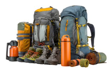Outdoor adventure gear collection with backpacks boots and water bottle