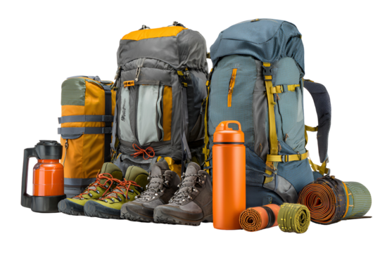 Outdoor adventure gear collection with backpacks boots and water bottle