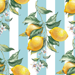 Lemon fruit branch on a classic blue striped background. Seamless pattern inspired by the timeless Mediterranean aesthetic of the Amalfi Coast. Perfect for summer-themed prints, packaging, textiles