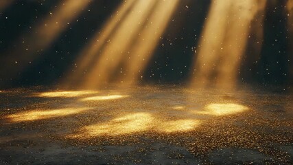 Golden light beams illuminating sparkling particles on dark textured floor dust glitter - Powered by Adobe